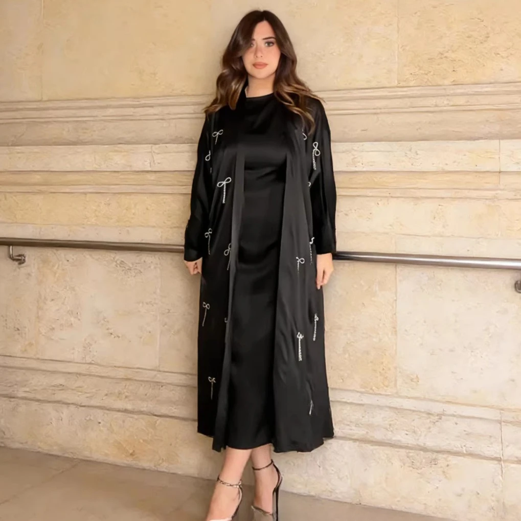 

Dubai Women Dress Butterfly Abaya Satin Diamond Eid Cardigan Muslim Jalabiya Ramadan Islam Party Arab Morocco Long Robe Kaftan