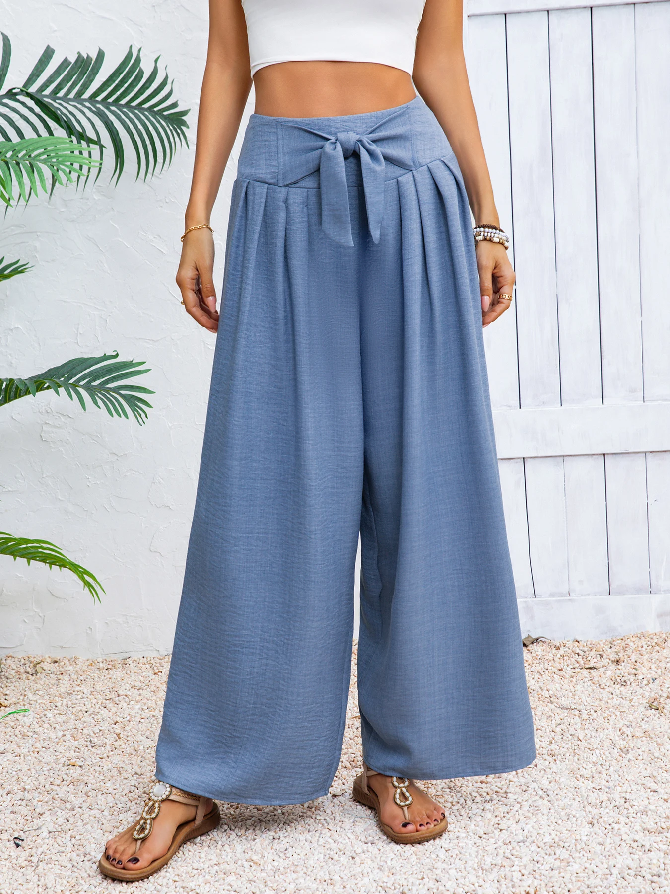 

Женские широкие брюки на весну-лето с высокой талией, завязками спереди, плиссированные, свободные, из льняной смеси, для повседневной носки, пляжа и отпуска