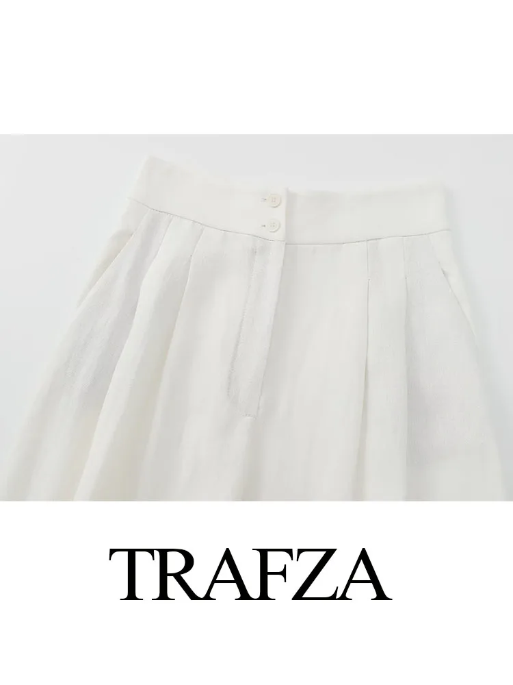 TRAFZA Pants For Women Summer Elegant Solid Zipper Casual Thin Pocket Button Decoration Women Pleated Street Wide-Leg Pant Mujer