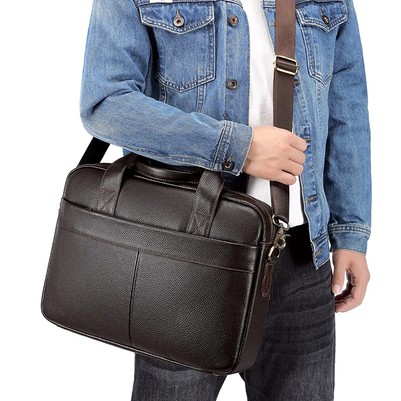 Tas Laptop Kulit Asli Bisnis untuk Pria Tas Kerja Portabel Kulit Sapi Besar Tas Bahu atau Selempang Eksekutif Klasik