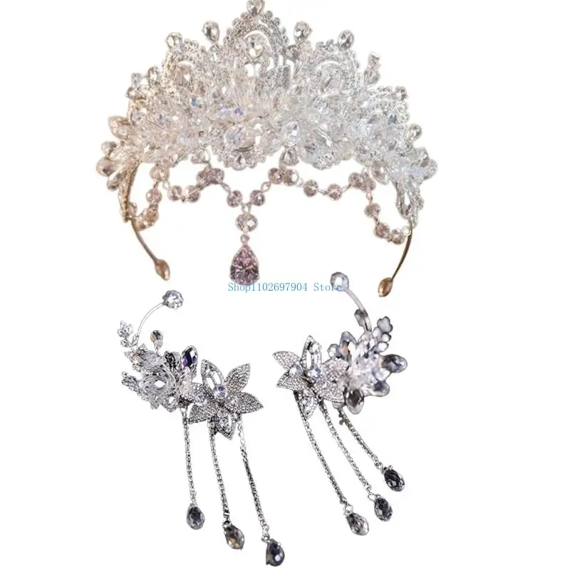 

N7YF Delicate Rhinestones Encrusted Bridal Headpiece With Coordinating Earrings Makeup Accessories For Princess Roleplay