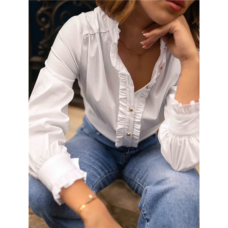 

Ruffled Tops For Women V Neck Ruffle Blouse Long Sleeve Ruffle Shirt Comfort Plus Size Long Sleeve Shirts