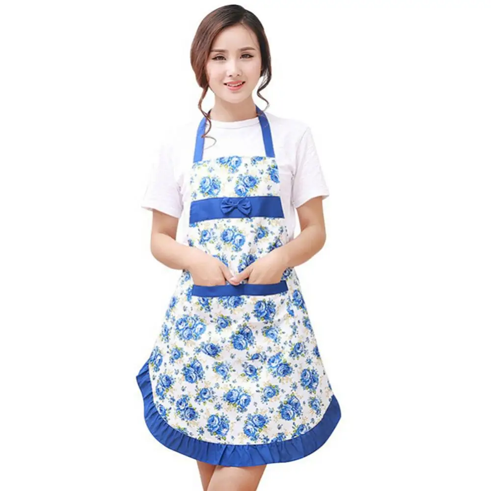 Floral Print Bowknot Women Bib Kitchen Apron Oil-Proof Cooking Apron Restaurant Cooking Dress Aprons Household Cleaning Apron