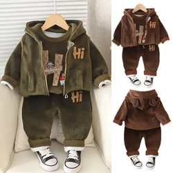 1-4 Years Baby Boys Clothing Set Winter Plus Velvet Thick 3pcs Suit Cartoon Letter Print Sport Tracksuit For Toddler Boys Outfit