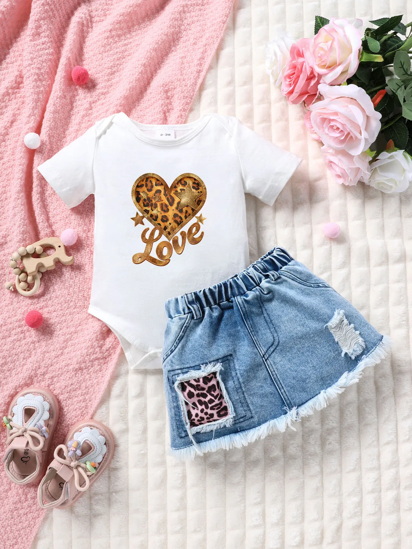 Summer 2pc set: Leopard heart & Love, romper+denim skirt, leopard trendy