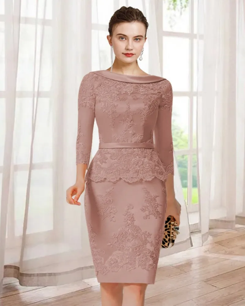 

Sheath Mother Of The Bride Dress 2023 Elegant Jewel 3/4 Sleeves Knee Length Satin Lace Groom Guest Party Gowns Robe De Soiree