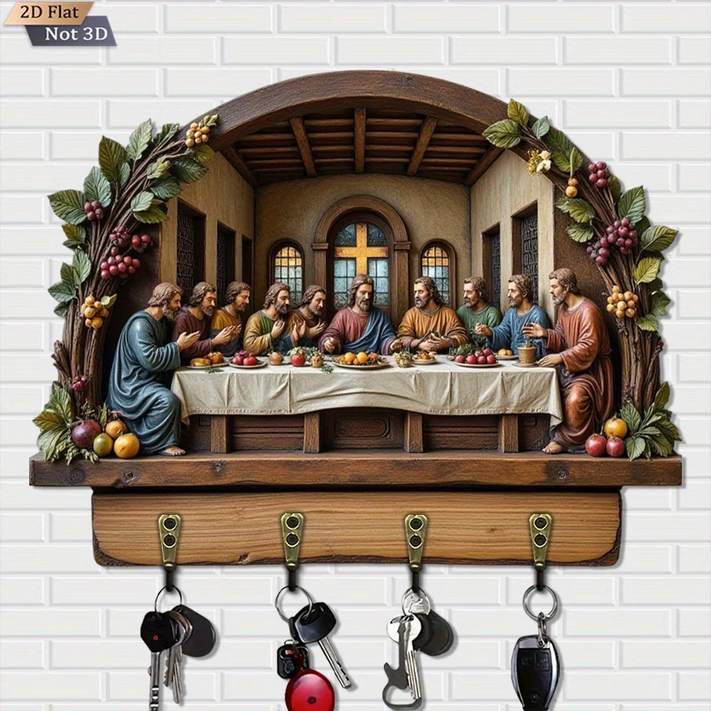 2D Flat, 1pc, Last Supper Theme Style Wooden Wall Clock with Multi-Functional Key Holder, Includes Four Metal Hooks, Wall