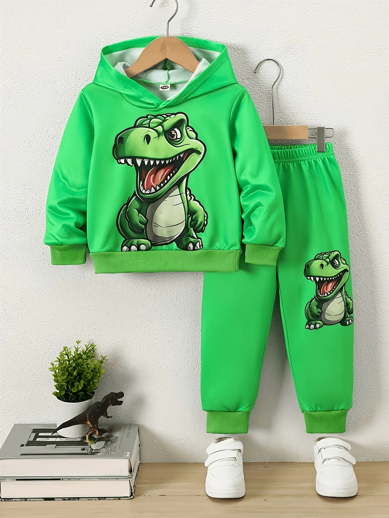 Cartoon Dinosaur Print Boys 2Pcs Hoodie Pants Set Toddler Kids Long Sleeve Hooded Casual Tracksuit Spring Autumn Outfit