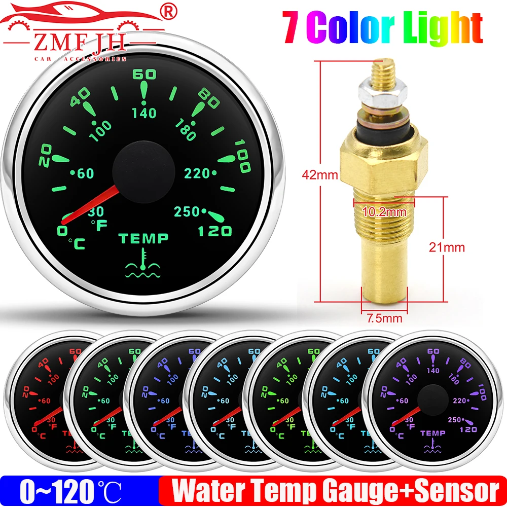 ZMFJH 0~120℃ 52MM Water Temperature Gauge with Sensor 10.2MM Universal Car Boat Yacht Water Temp Meter Indicator 7 Color Light