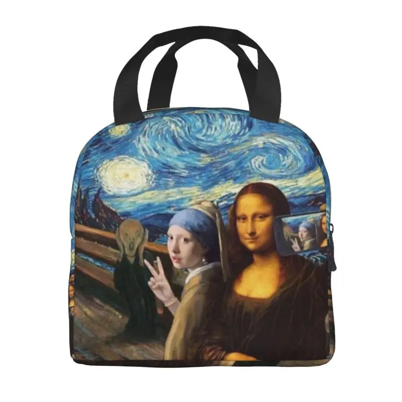 Starry Night By Mona Lisa And Vincent Van Gogh Insulated Lunch Bags for Outdoor Picnic Art Painting Thermal Cooler Bento Box