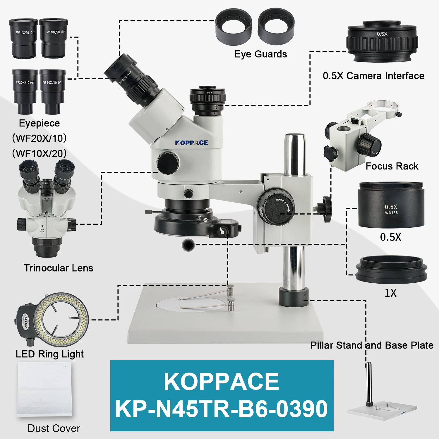 KOPPACE 3.5X-90X مجهر ستيريو ذو منصة كبيرة واجهة ثلاثية العينيات 0.5XCTV مع وظيفة قفل التكبير