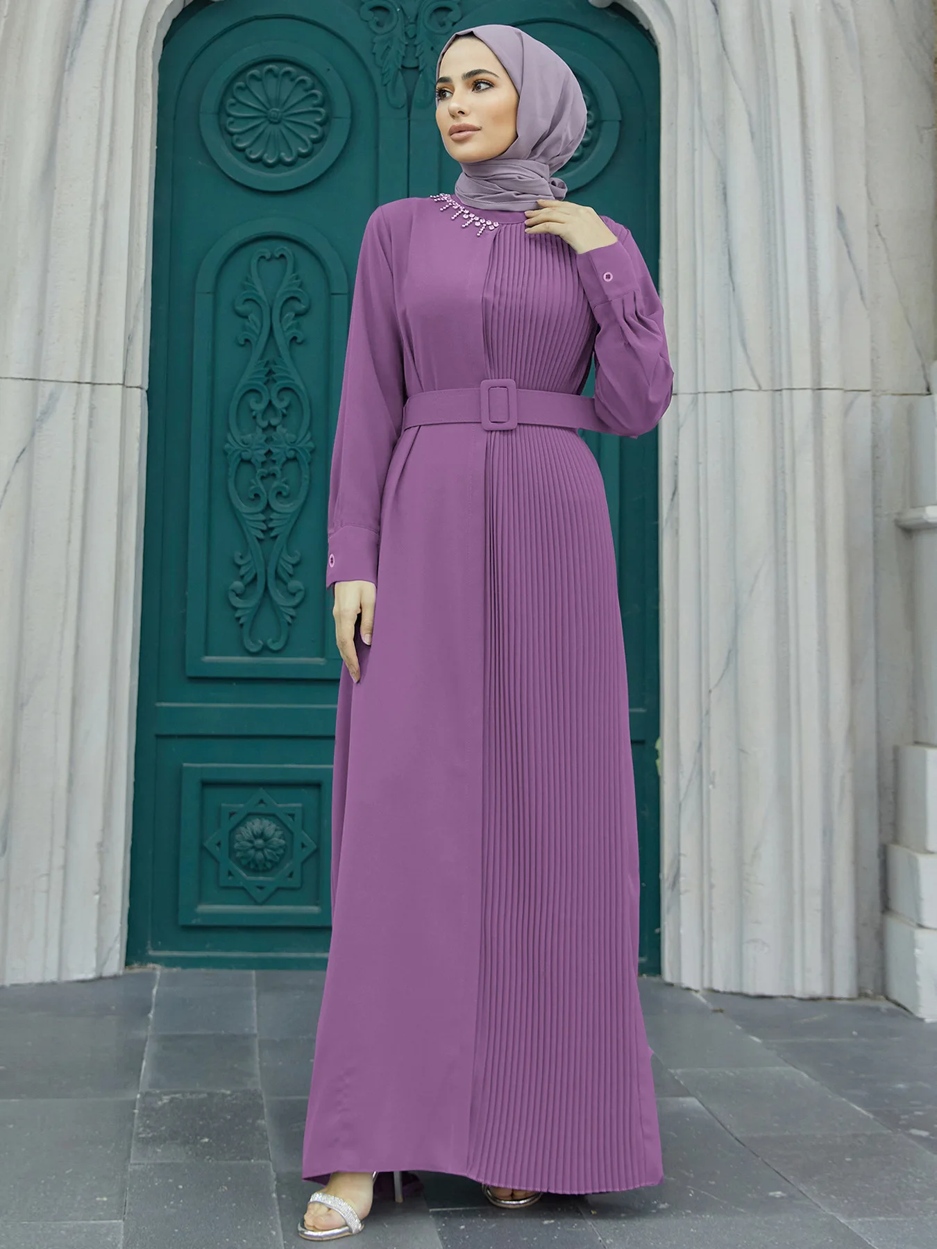 bead slim A1439 pleated elegant nail fit dress Muslim long dress (excluding headscarf)