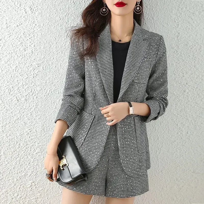 Womens Short Pants Set Business Plaid Clothes Classic Blazers and Shorts Suits for Women Chic Elegant Summer Suit With Full E84