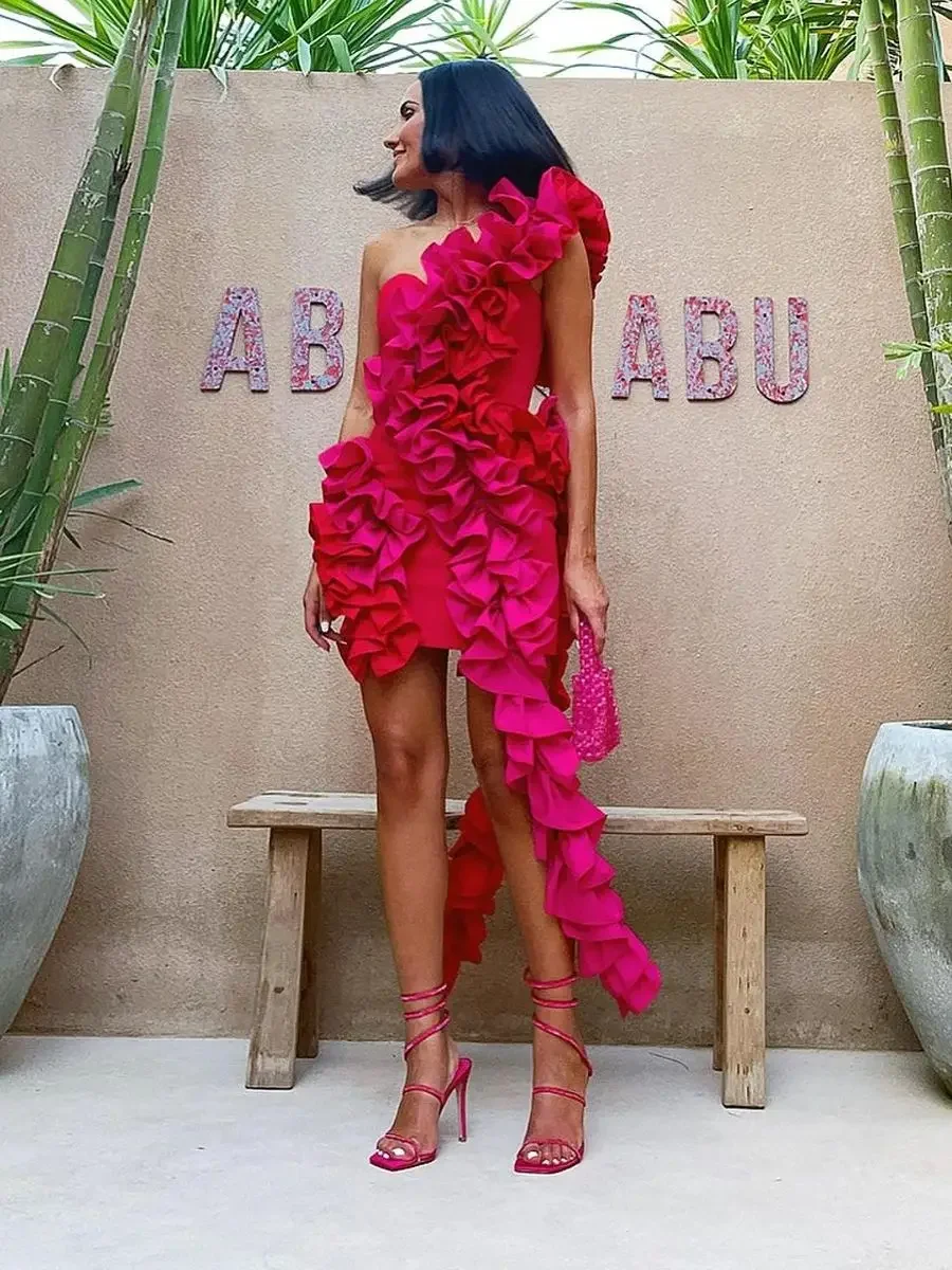 

2024 فساتين طويلة Red Fuchsia Birthday Dress Dream Ruffles Mini Dress 2 Colors One Shoulder Strips Short Prom Party Dresses
