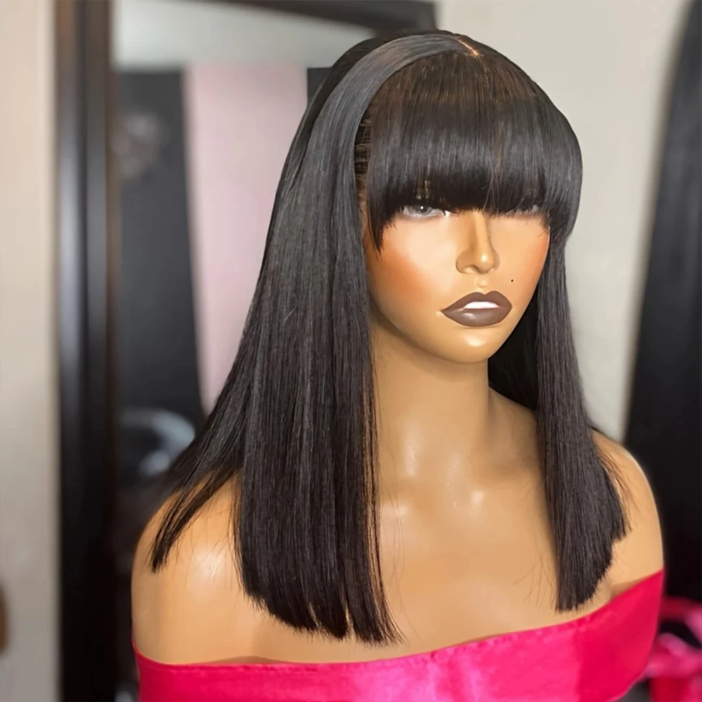 Bone Straight Wig With Bangs Human Hair 30 Inch 3x1 HD Lace Glueless Wig Full Machine Made Fringe Bob Wigs Brazilian Remy Hair