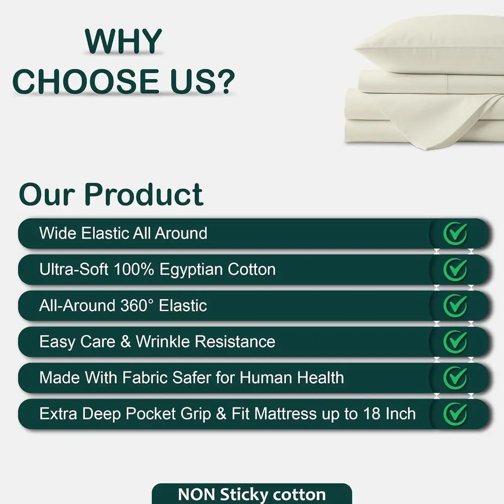 Egyptian Cotton Split King Sheet Set for Sleep Number Beds, 34 Flex Head, 18 Deep, 78x80, Ivory