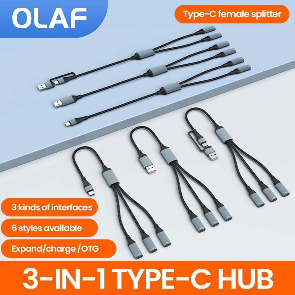 3 in 1 Multi Type C Hub USB Splitter UAB A C to 3 USB C Female Splitter OTG Fast Data Transmission OTG Adapter For PC Xiaomi