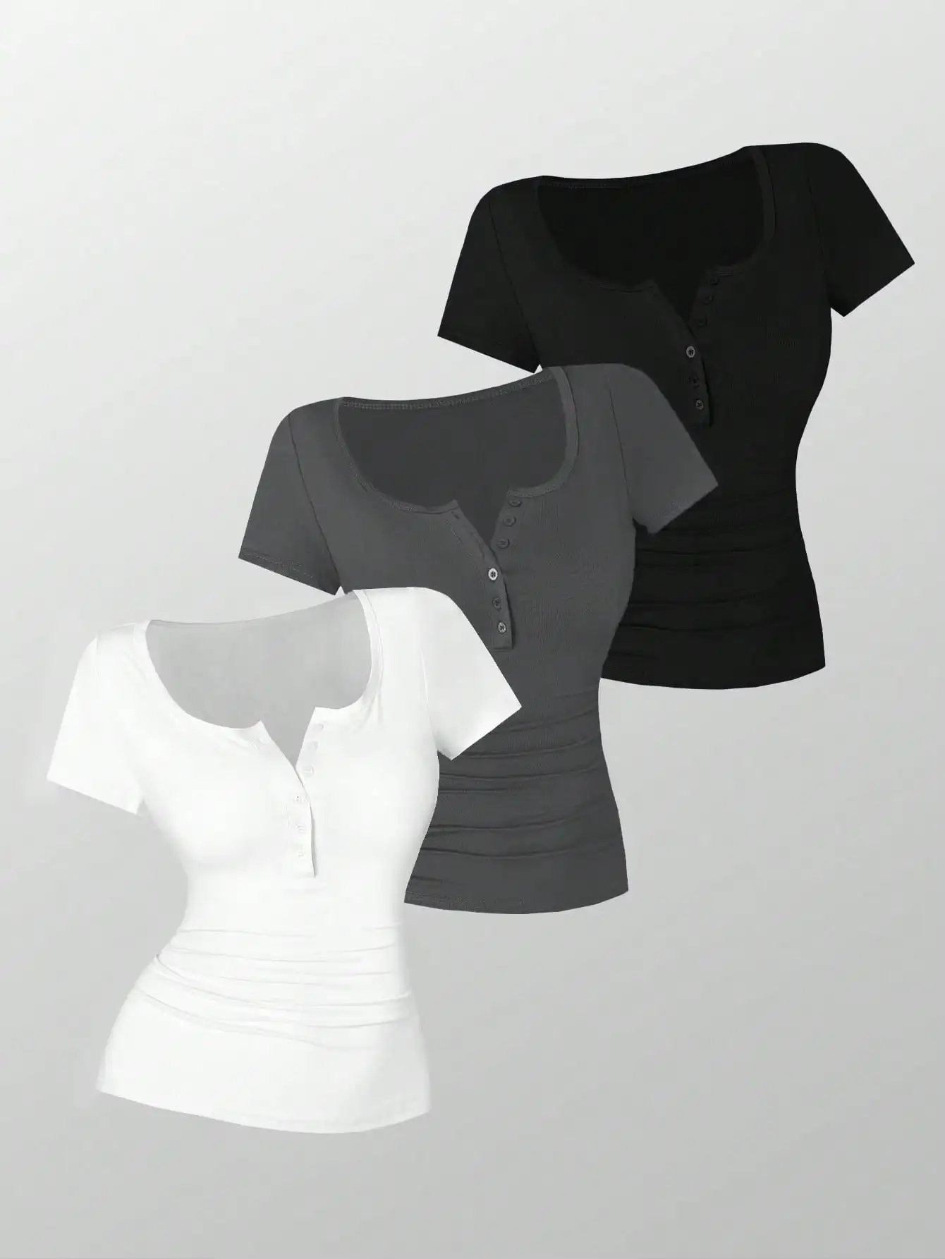 

Women's Short Sleeve Henley T-Shirt with Ruched Detail, Solid Colors, Casual Minimalist Design