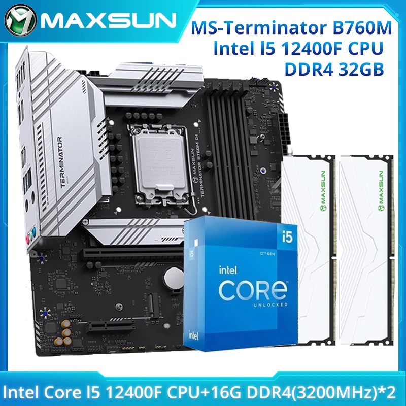 MAXSUN Gaming Motherboard B760M D4 Set with Intel i5 12400F Kit& Dual-channel DDR4 16GBx2 3200MHz RAM LGA1700 Computer Combo