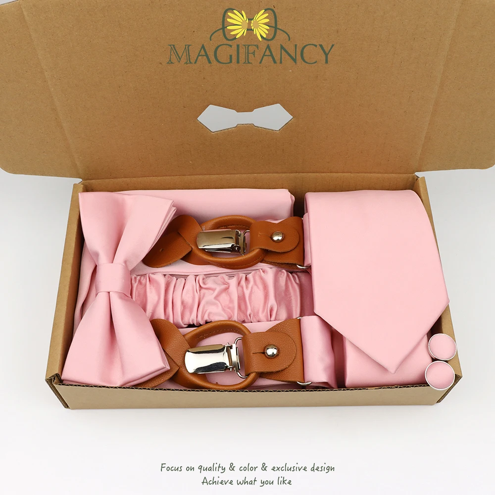 MAGIFANCY 5 قطعة الحمالة 7.5cmTie مجموعة الملونة الصلبة 3.5 سنتيمتر هدفين الرجال البوليستر حكيم السلمون الوردي الزفاف اليومي ملحق هدية #6
