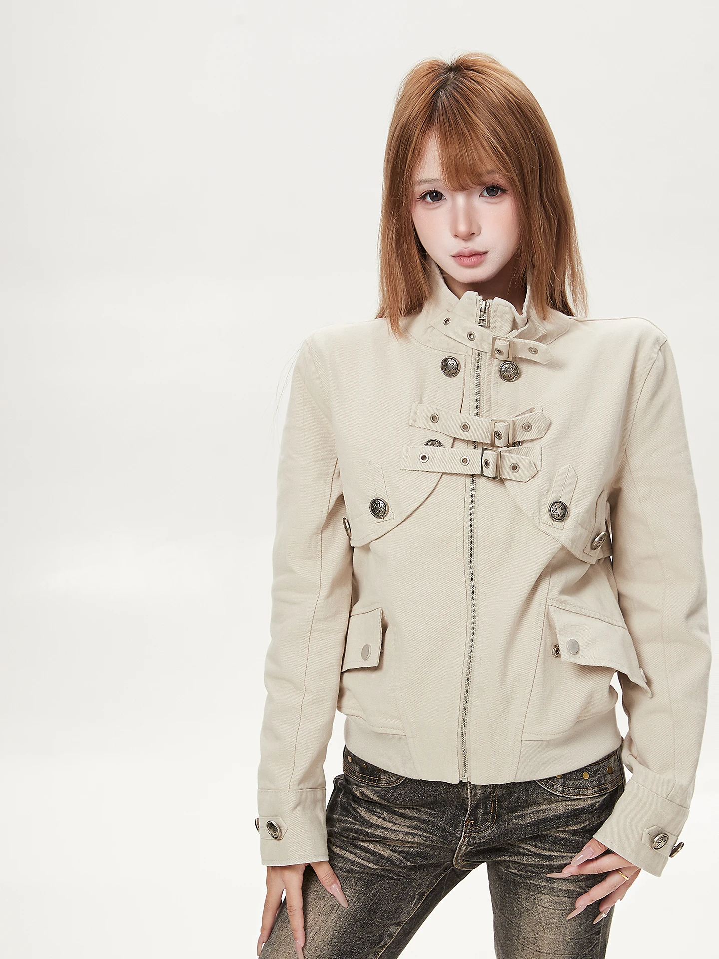 Ant Lightweight Jacket Women's Fashion Short Outerwear Metal Buckle Decoration Deconstructed Stand Collar Autumn Casual Style