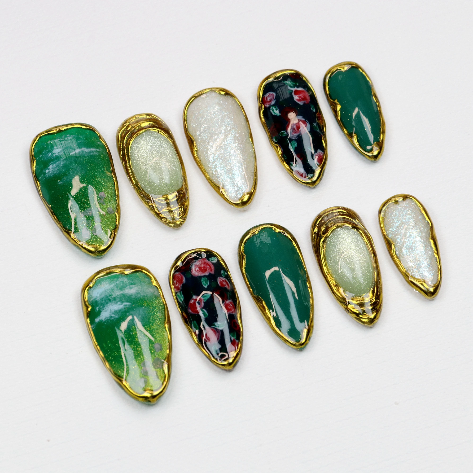 10 pezzi 3D Press Manicure Unghie finte di mandorla media Unico 3D Nuovo taglio dipinto a mano Stampa sulle unghie Design con set di lime per unghie adesive