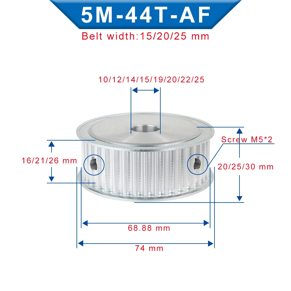 5M-44T Belt Pulley Circular Arc Tooth Bore 8/10/12/14/15/16/17/19/20/22/25 mm Pulley Wheel AF Shape For HTD5M/S5M Rubber Belt