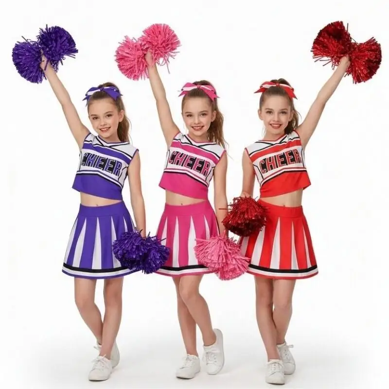 Lively Cheerleader Outfit Sleeveless V Neck Letters Printed Tank Top Skirt With Flower Balls for Girl Football Game Festival