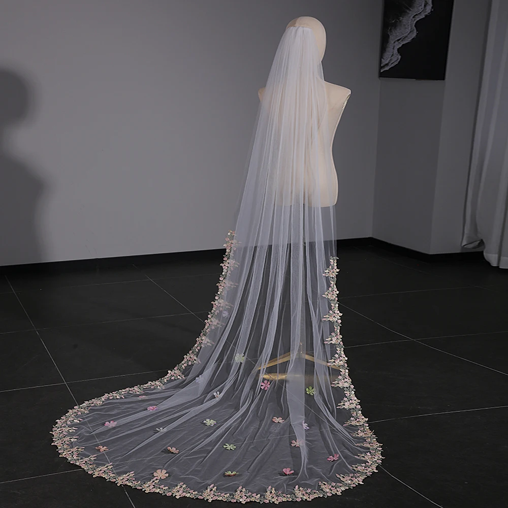 

Colorful flower veil, wedding party women's accessory, long chapel length boho wedding veil with hair comb