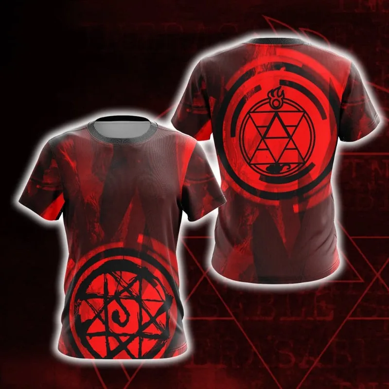 2026 New Fullmetal Alchemist Red and Black Flame Transmutation Circle Theme Anime Peripheral Crew Neck Sports T-Shirt, Unisex