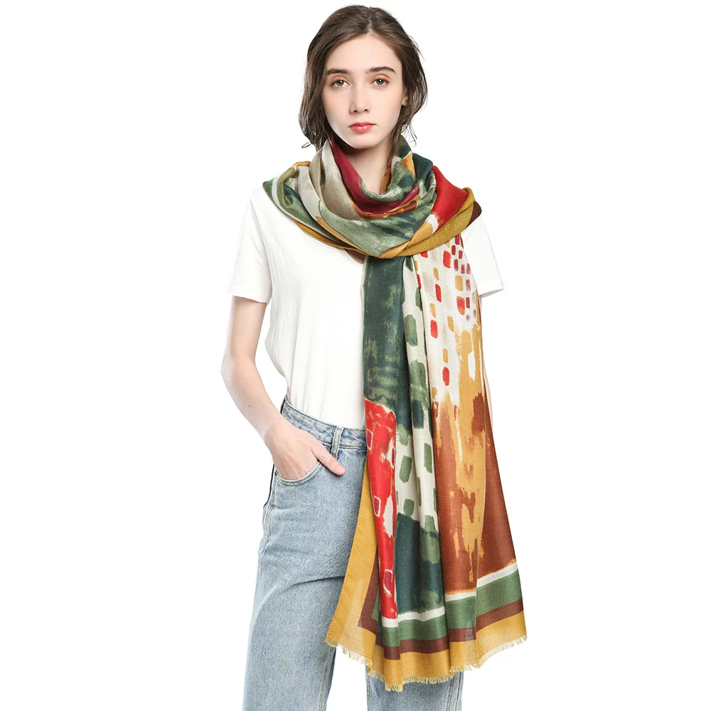 

2023 new autumn and winter graffiti print scarf European and American fashion mid-length and versatile women's scarf color block