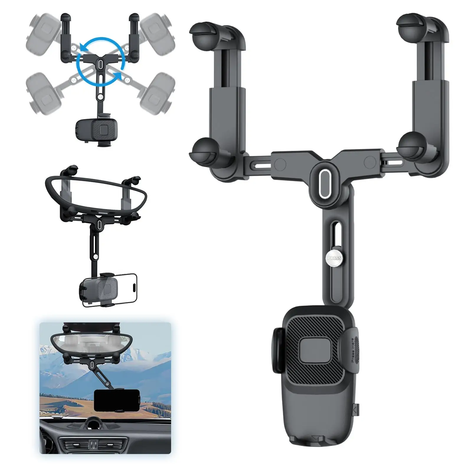 Universal Rearview Mirror Car Phone Mount Adjustable Stand with 360° Rotation for Cell Phone Navigation