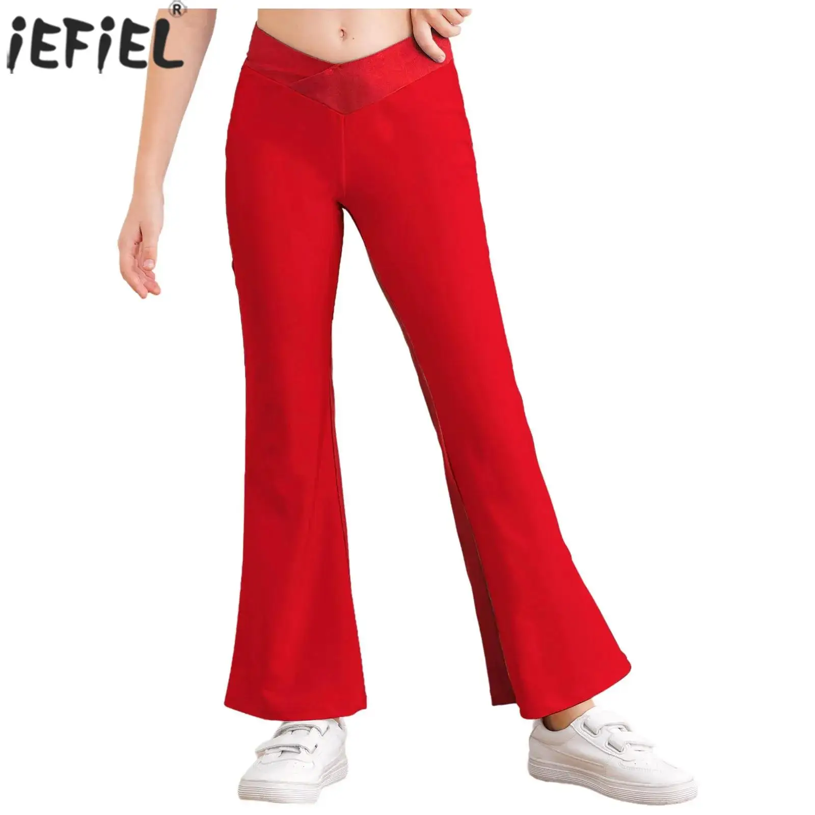 

Kid Girls Ballet Dance Gymnastic Flared Pants V-Front Elastic Waistband Bell-Bottom Trousers Jazz Skating Cheerleading Dancewear