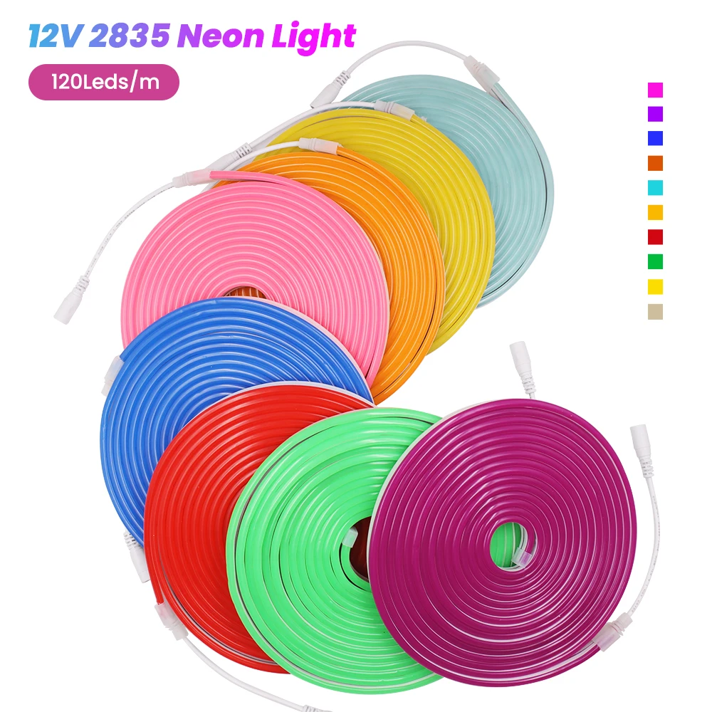 DC 5V 12V 24V Neon Strip LED Lights Sign 120LEDs/M Waterproof Silicon Tube Tape Rope Flexible DIY Lamp Ribbon 3000K 4000K 6500K