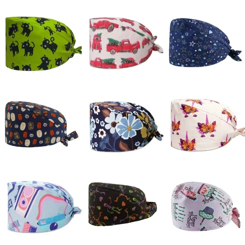 Medical Caps Multicolor Adjustable Pet Clinic Pharmacist Nursing Scrub Cap Unisex Cartoon Printing Scrub Hat Medical Supplies