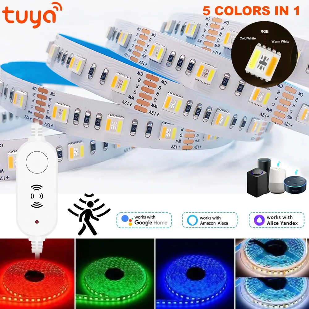 

Smart PIR Motion Sensor Tuya Wifi 5in1 RGBCW LED Strip Kit DC12V 2700K-6500K RGBCCT Light Room Decor Waterproof for Alexa Google