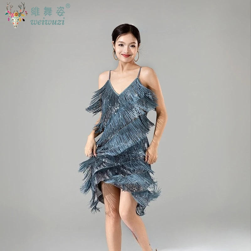 

Stage Performance Costume Sexy Shiny Double V-Neck Sleeveless Sequin Tassel Latin Jazz Cha-cha Ballroom Dance Dress Vestido