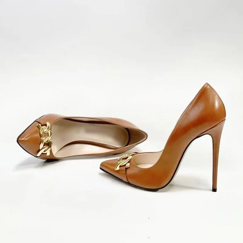 

Gold Chain Pointed Toe High Heel Pumps Brown Black Matte Leather 12CM 10CM 8CM Stiletto High Heels Banquet Dress Shoes Size 46