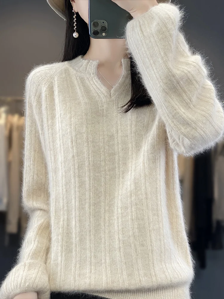 

100% Mink Cashmere Sweater Autumn Winter Pullover New Women V-Neck Knitwear Tops Loose Puff Sleeve Casual Loose Korean Clothing