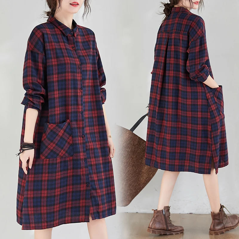 Spring Fashion plus Size Women's Plaid Shirt Dress Korean Style Midi Dress Trendy Long Sleeve Dress Age Reduction Dress