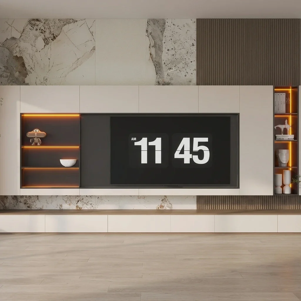 Modern Full Wall TV Background Cabinet With Electric Fireplace Marble Stone Panel LED Open Display Shelf Living Room