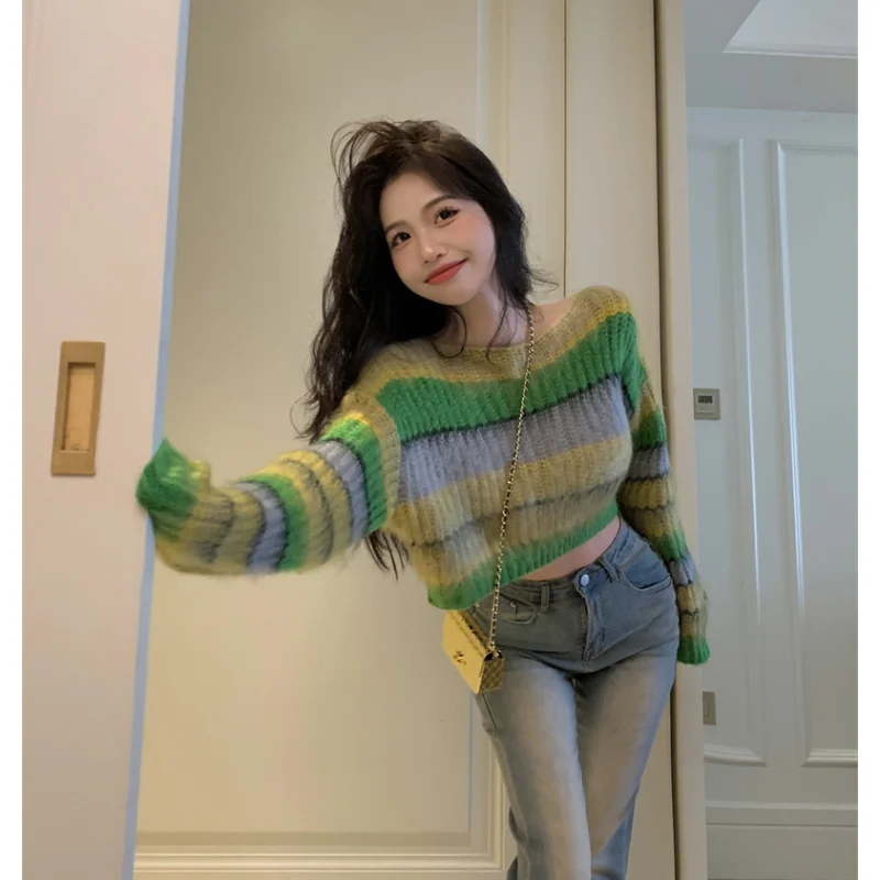 

Women Clothing Vintage Knitting Sweater Green Stripe Chic Long Sleeve Casual Fashion Simplicity Baggy Female 2023 Winter Tops