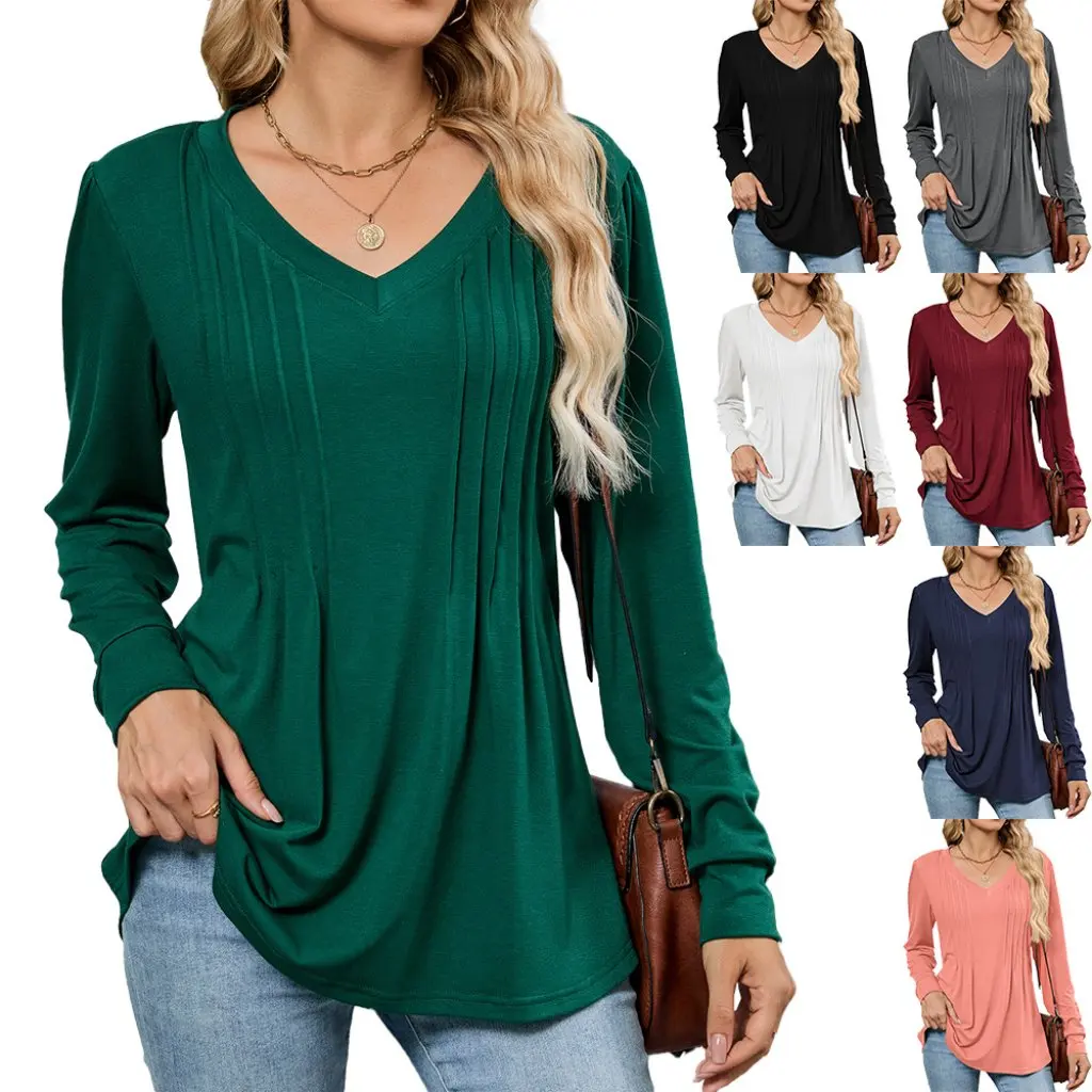 

Women's Pure Color V-Neck Striped Long-Sleeved T-Shirt Loose Fit Autumn Winter Top European American Export