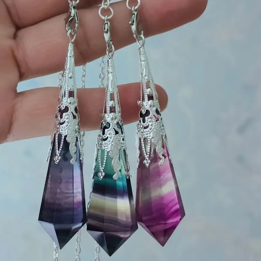 High Quality Natural Color Fluorite Stone Pendulum for Dowsing Pendant Amulet Crystal Divination Chakra Necklace Jewelry