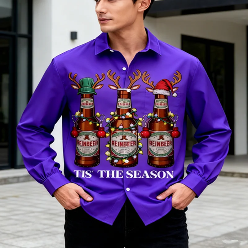 

2026 Christmas Beer Printed Men's Button Long Sleeve Shirt Large Party Holiday Family