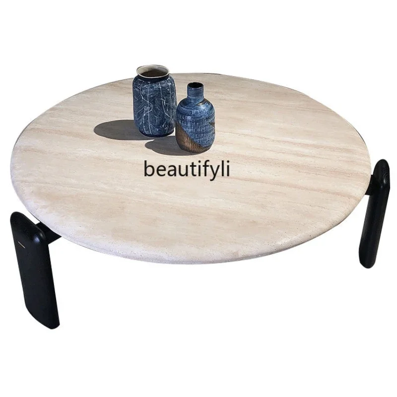 

LD33Mailiufeng Living Room Natural Cave Stone round Coffee Table Oak Assembly Nordic Simple Creative Living Room Tea Making Tab
