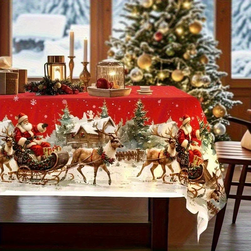 1pc Christmas tablecloth - Santa Claus reindeer skiing in the snow scene - Retro red and green festive table decorationzyc