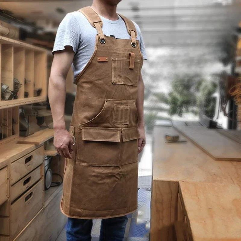 Thickened Canvas Work Clothes Woodworking Aprons Retro Waxing Waterproof Anti Fouling Gardening Multi Pocket Car Repair Aprons