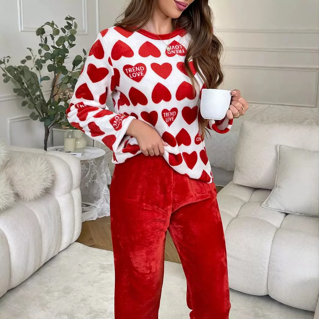 Autumn and Winter New Women\'s Warm Pajamas Homewear Suit Thickened Red Facecloth Long-Sleeved Long Pants Leisure Home Suit