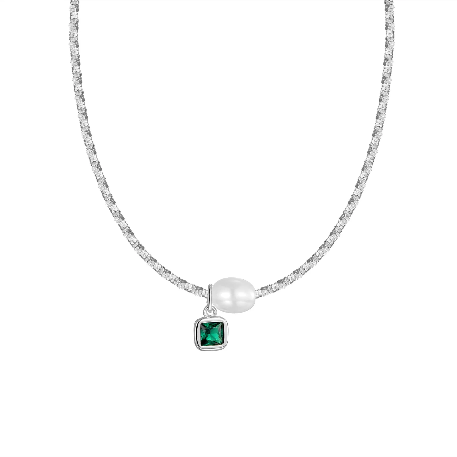 

Kitykiss S925 Silver Broken Chain Necklace, Square Emerald Zircon Shell Pearl, Elegant Clavicle Chain, Luxury Niche Design